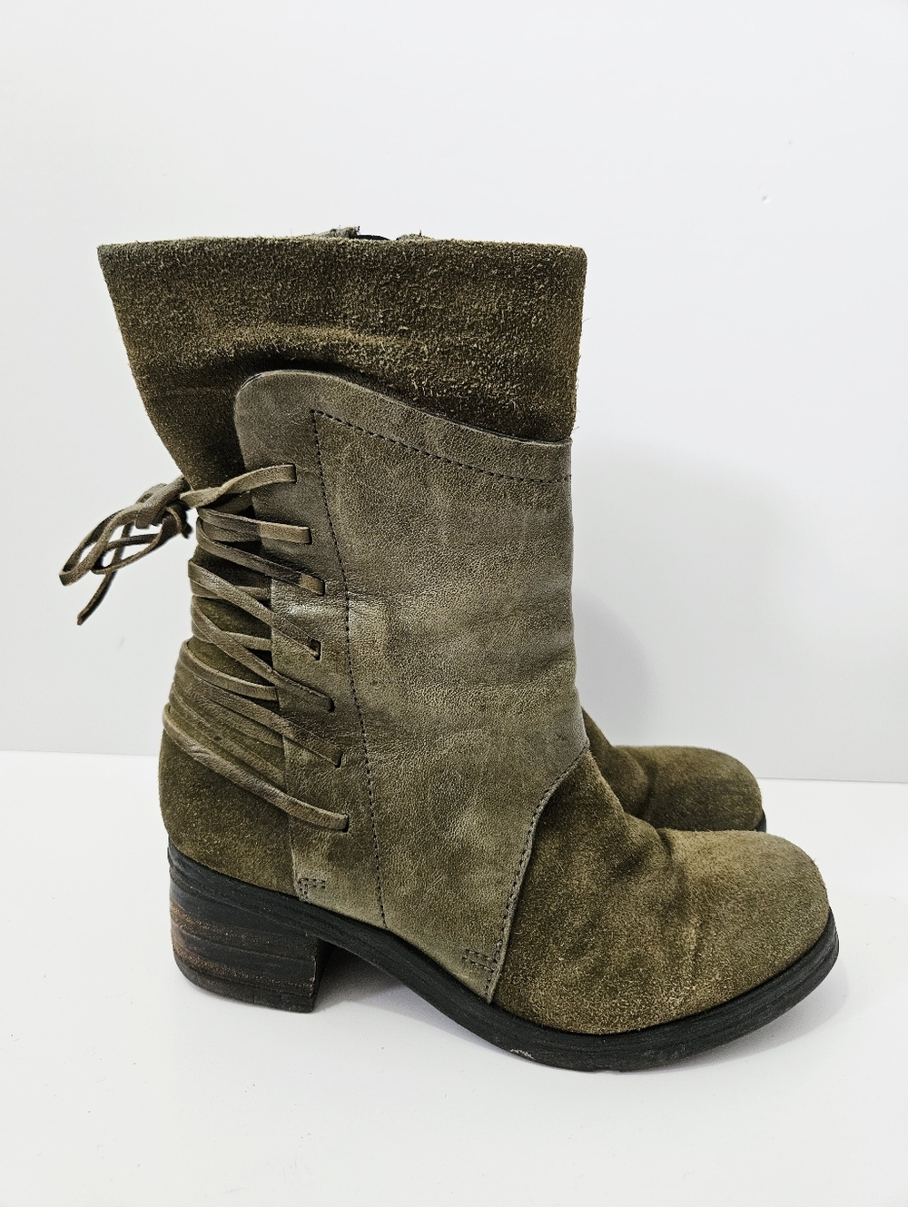 Miz Mooz Sakinah Mid Calf Leather Boots Size 38 US 7.5 - 8 Green Suede